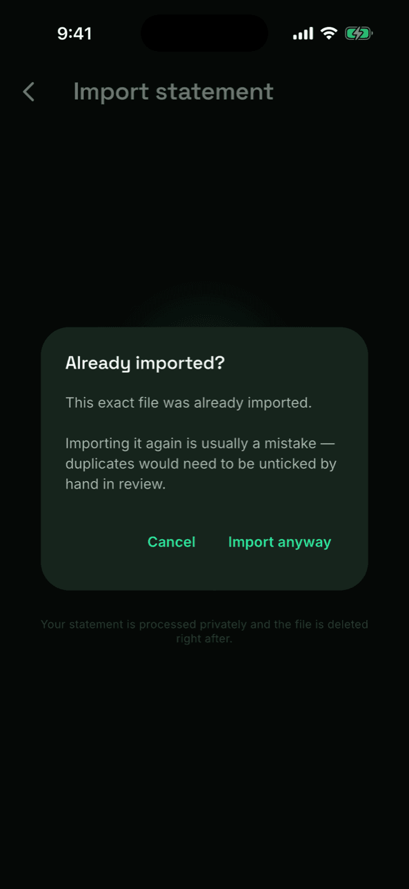 Already imported? dialog when the same file is uploaded twice