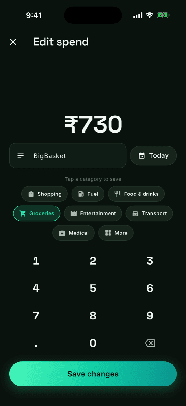 Editing an entry with amount, note and category