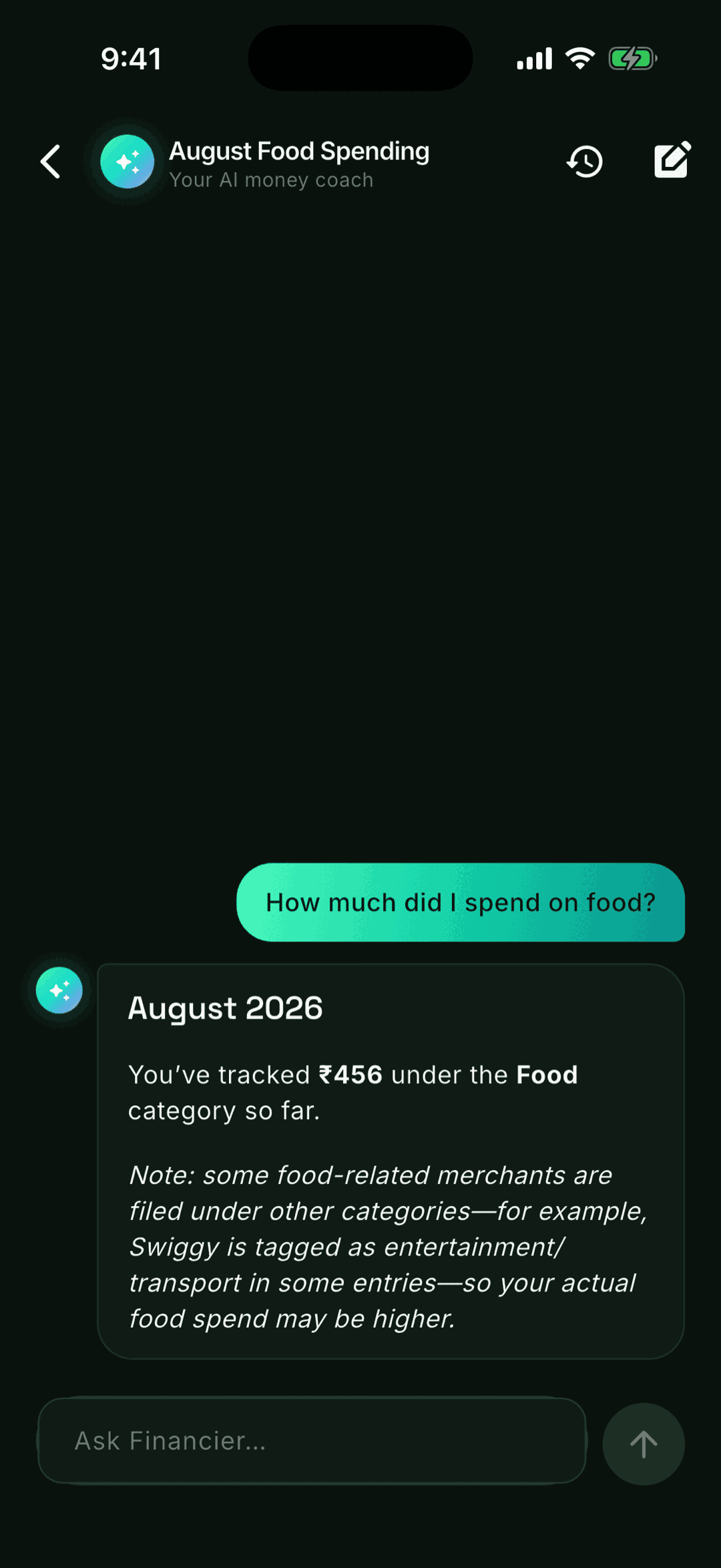 Financier chat answering a food-spending question with real tracked numbers
