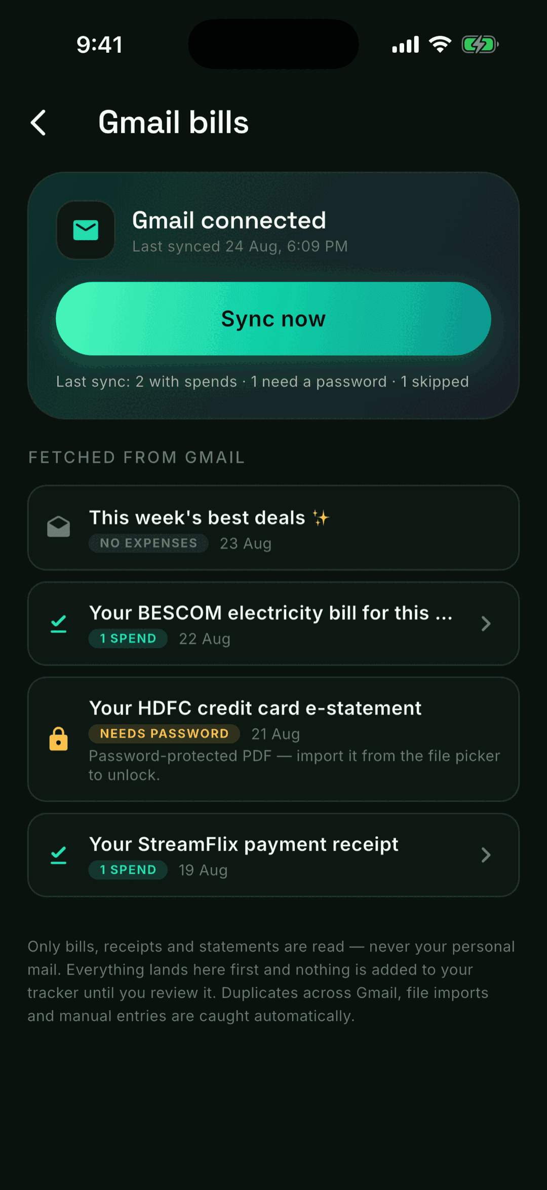 Gmail bills screen listing fetched emails with imported, needs-password and no-expense statuses