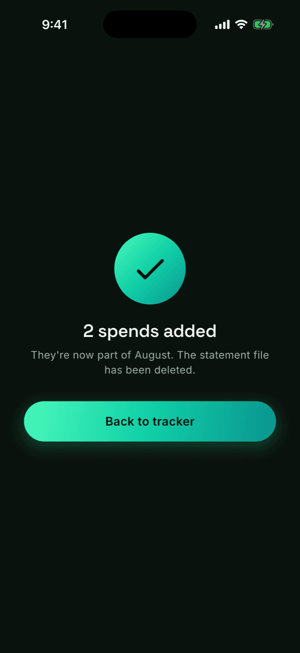 Import complete confirmation with statement file deleted notice