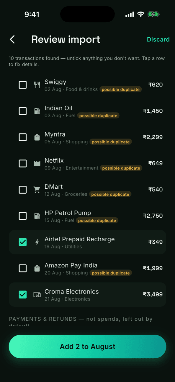 Review screen with possible-duplicate flags on overlapping transactions