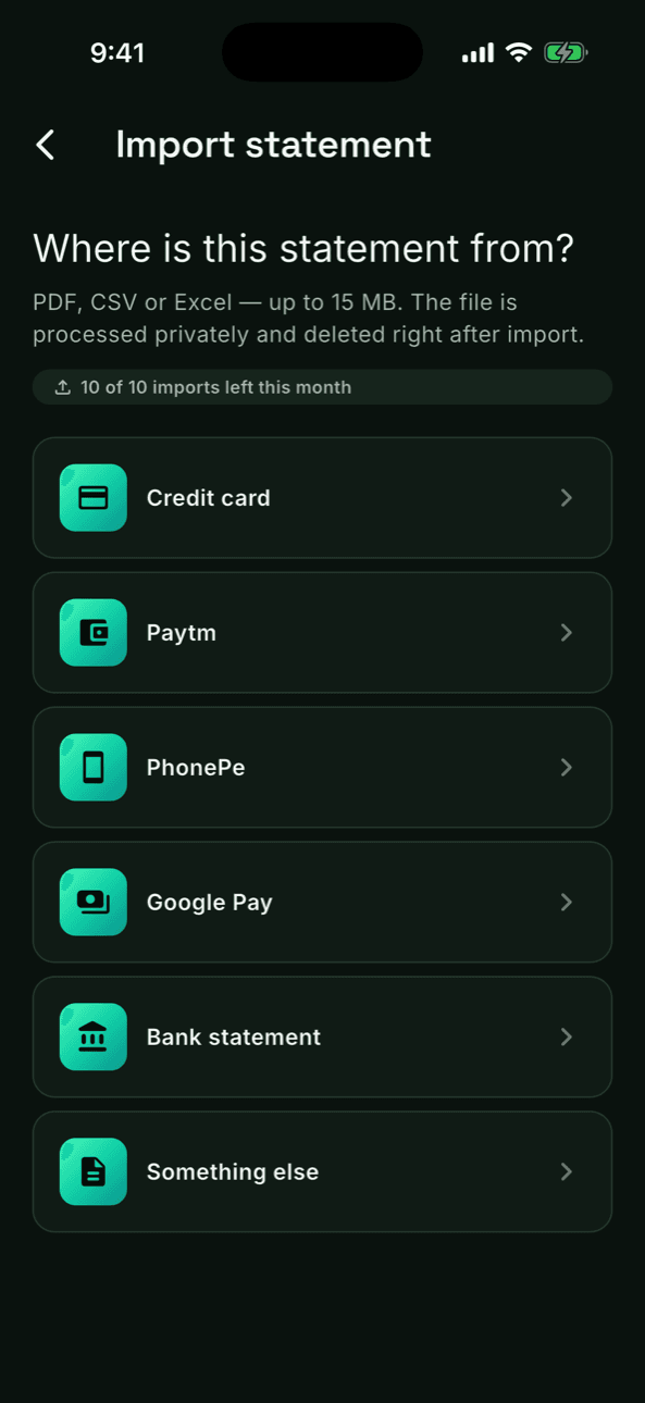 Import source picker showing 10 of 10 imports left this month