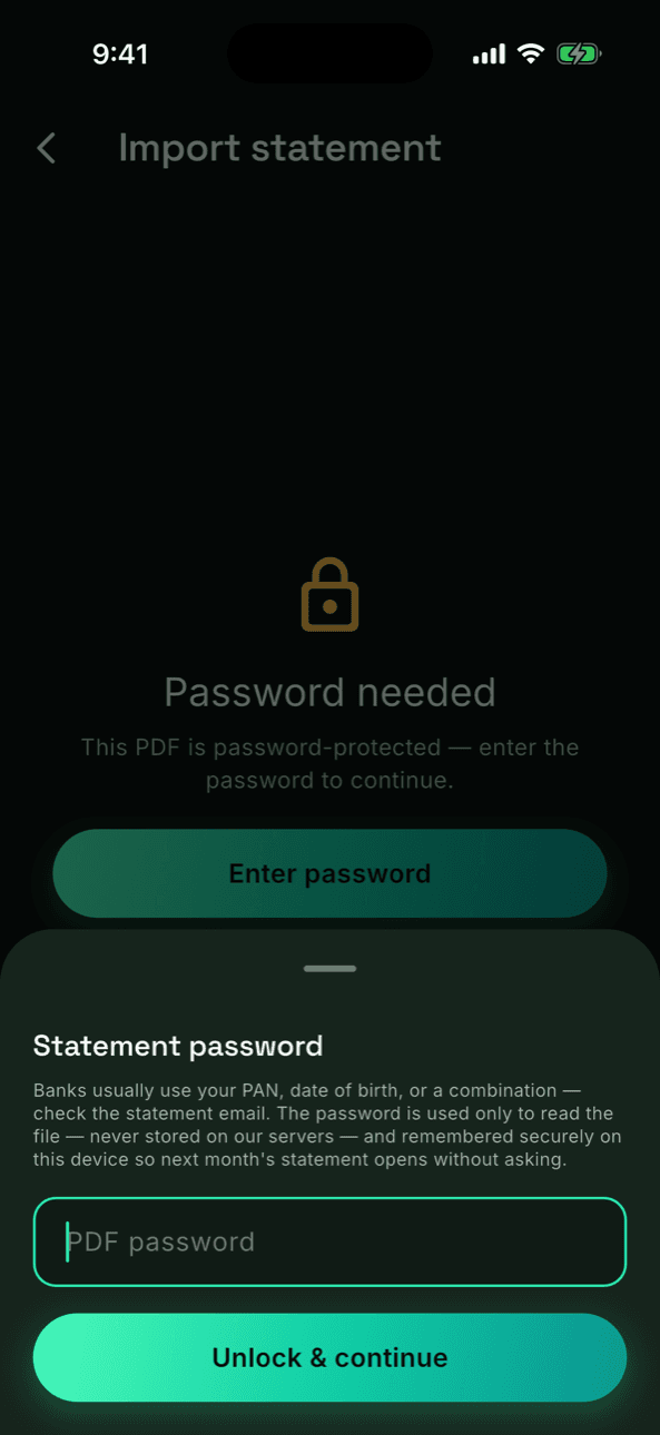 Statement password sheet explaining on-device password memory