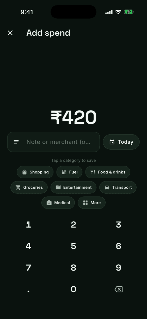 Quick add screen with amount keypad and category chips