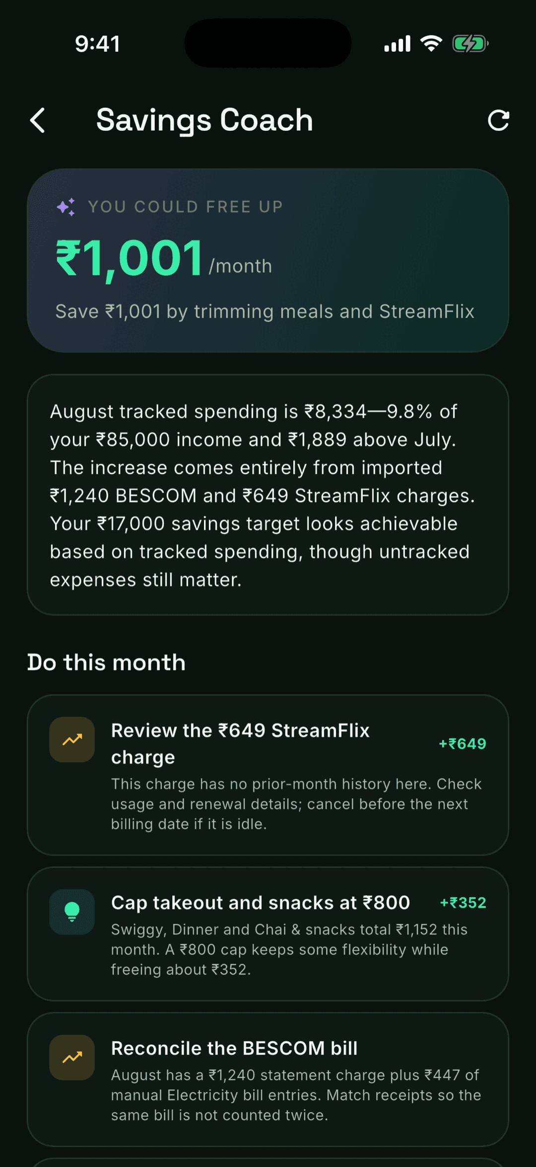 Savings Coach report with potential savings, overview and ranked actions